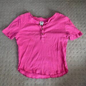 Hot Pink Short Sleeve Button Top